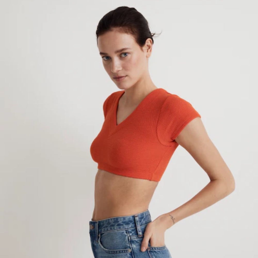Madewell V-Neck Crop Tee In Brilliant Tangerine Size Small NWT
